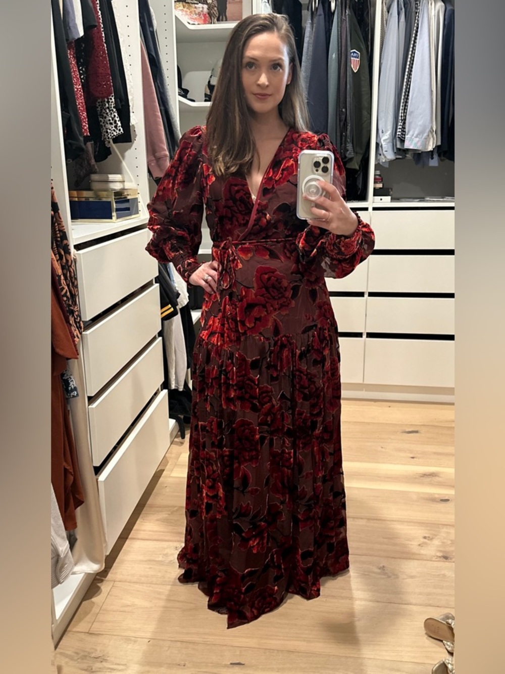 Anthropologie Hutch Red‎ Floral Velvet Wrap Dress Small